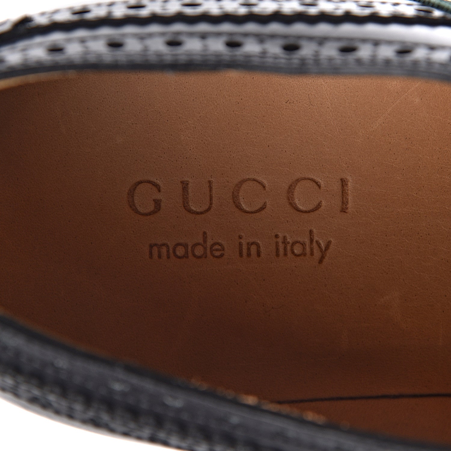 Gucci Calfskin Web Bee Embroidered Mens Wingtip Derby Loafers 8 Black 6 of 13