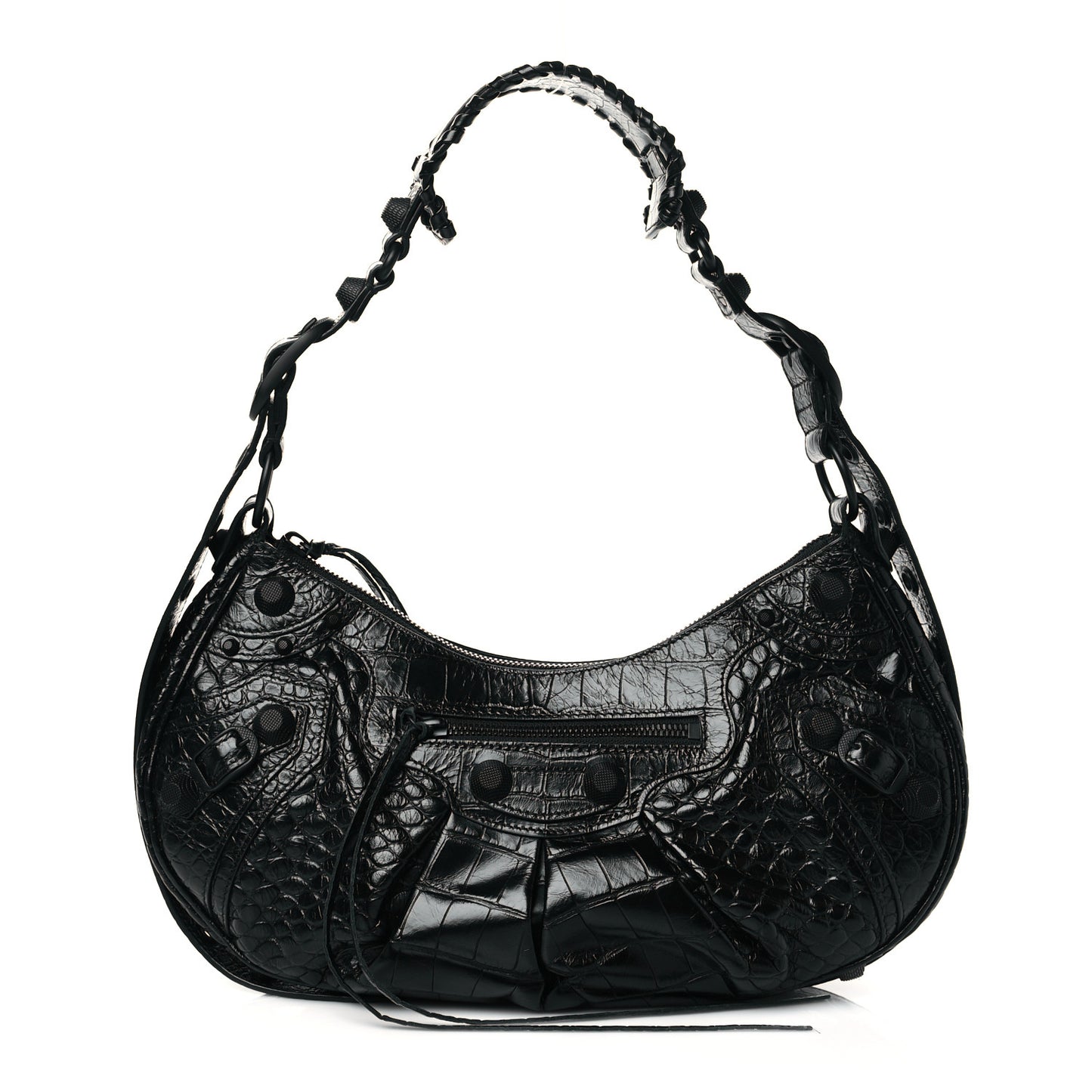 Extra Supple Calfskin Crocodile Embossed Monochrome Small Le Cagole Shoulder Bag Black