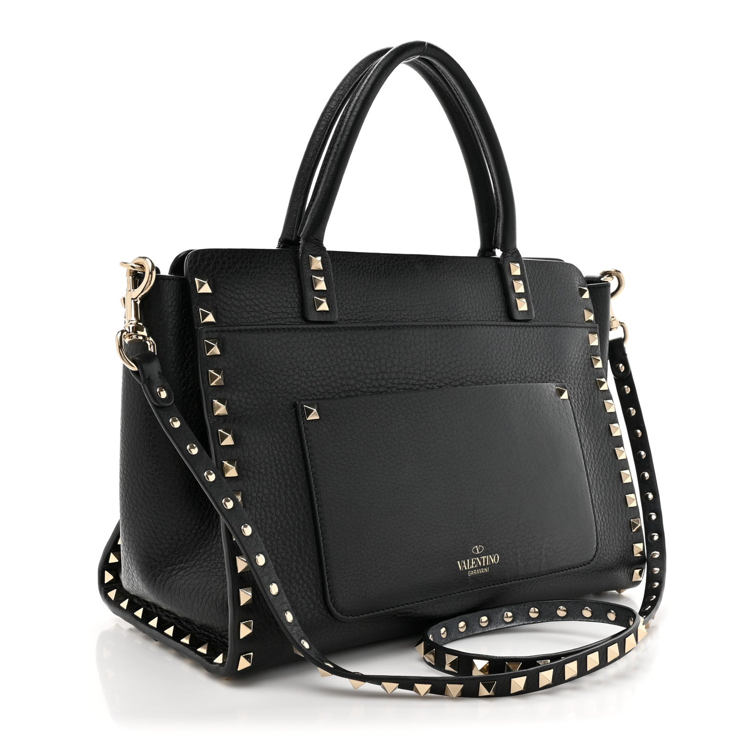 Pebbled Calfskin Rockstud Double Handle Tote Black