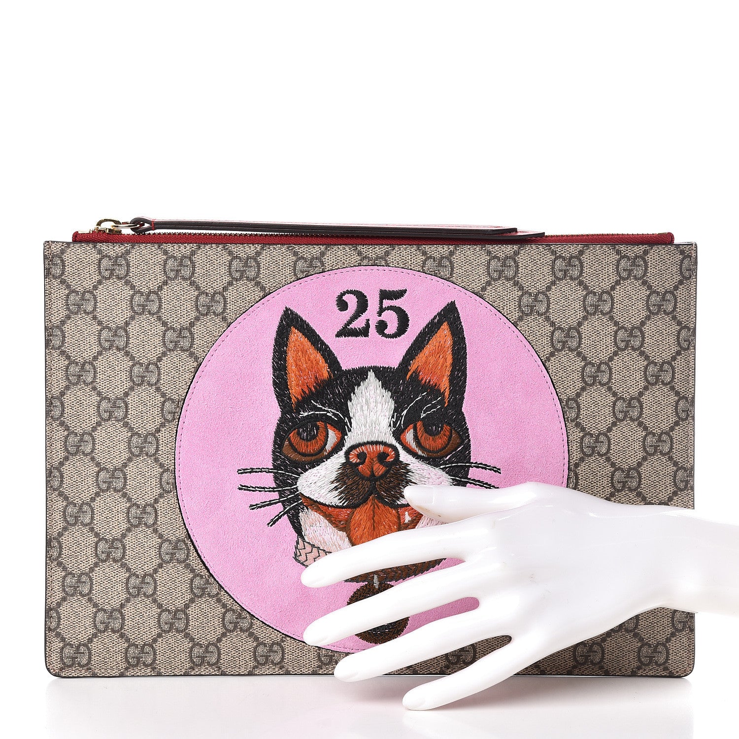 Gucci GG Supreme Monogram Bosco Patch Zip Pouch Beige Malva Hibiscus Red 2 of 8