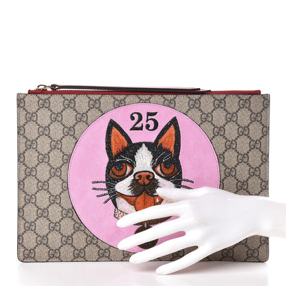 Gucci GG Supreme Monogram Bosco Patch Zip Pouch Beige Malva Hibiscus Red 2 of 8