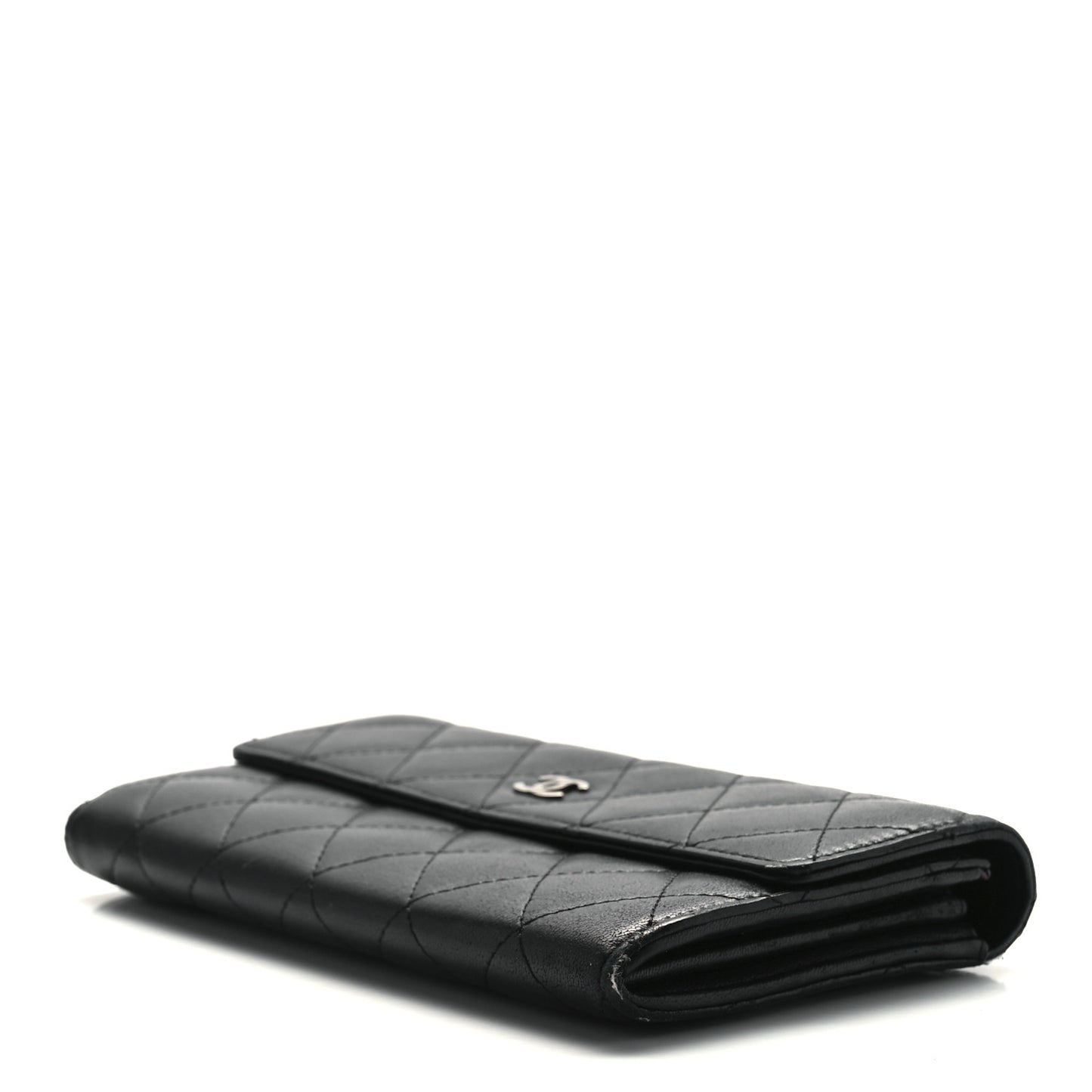 Lambskin Quilted Large Gusset Flap Wallet Black