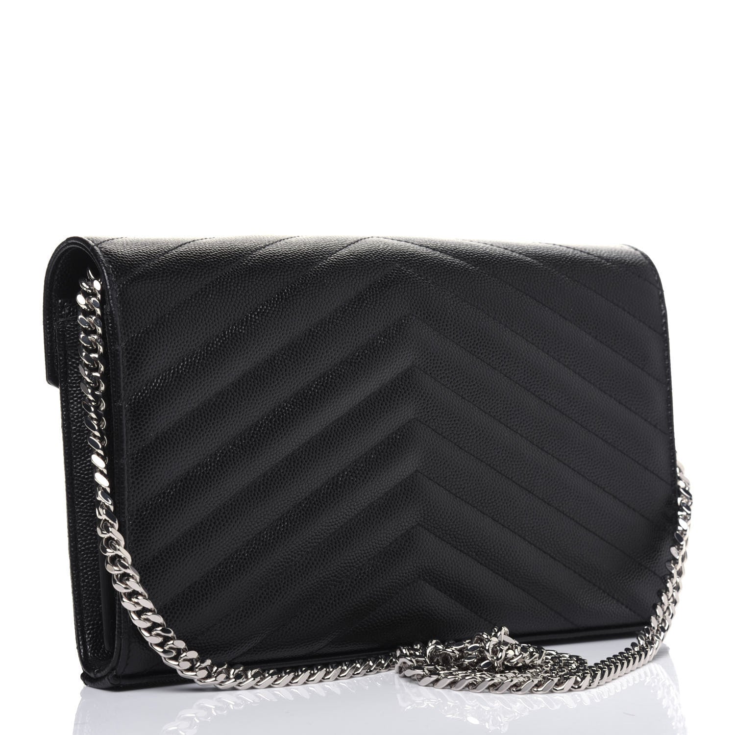 Saint Laurent Grain De Poudre Matelasse Chevron Monogram Chain Wallet Black 3 of 11