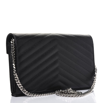 Saint Laurent Grain De Poudre Matelasse Chevron Monogram Chain Wallet Black 3 of 11