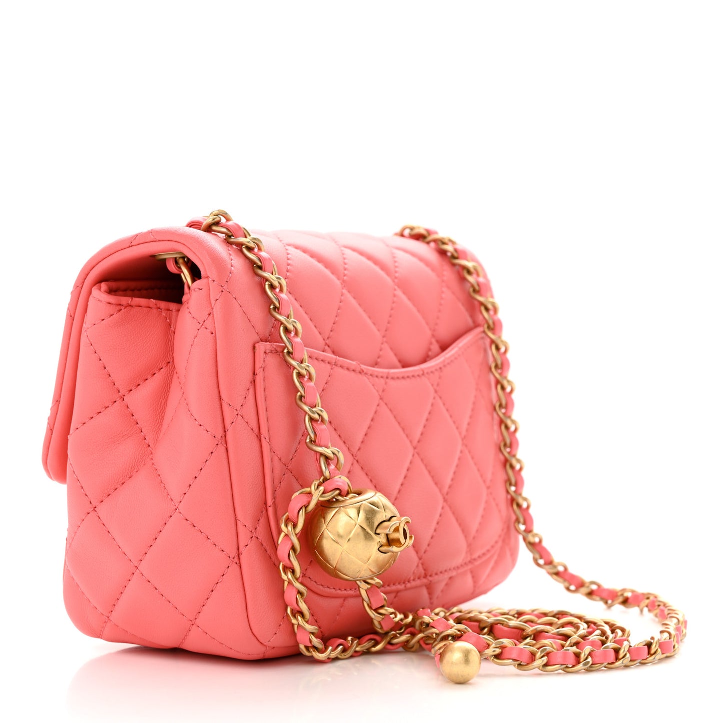 Lambskin Quilted Mini Pearl Crush Flap Coral