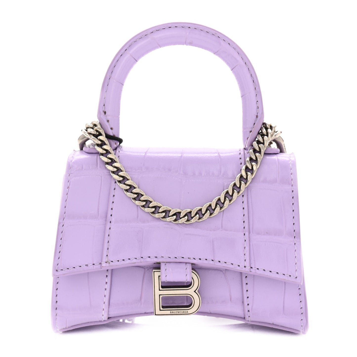 Shiny Calfskin Crocodile Embossed Hourglass Top Handle Bag Mini with Chain  Lilac