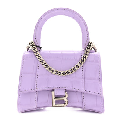 Balenciaga Shiny Calfskin Crocodile Embossed Hourglass Top Handle Bag Mini with Chain  Lilac 1 of 10