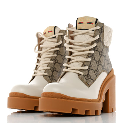Gucci Calfskin GG Supreme Monogram Nappa Quilted Lace Up Ankle Boots 36.5 Mystic White Beige 3 of 9