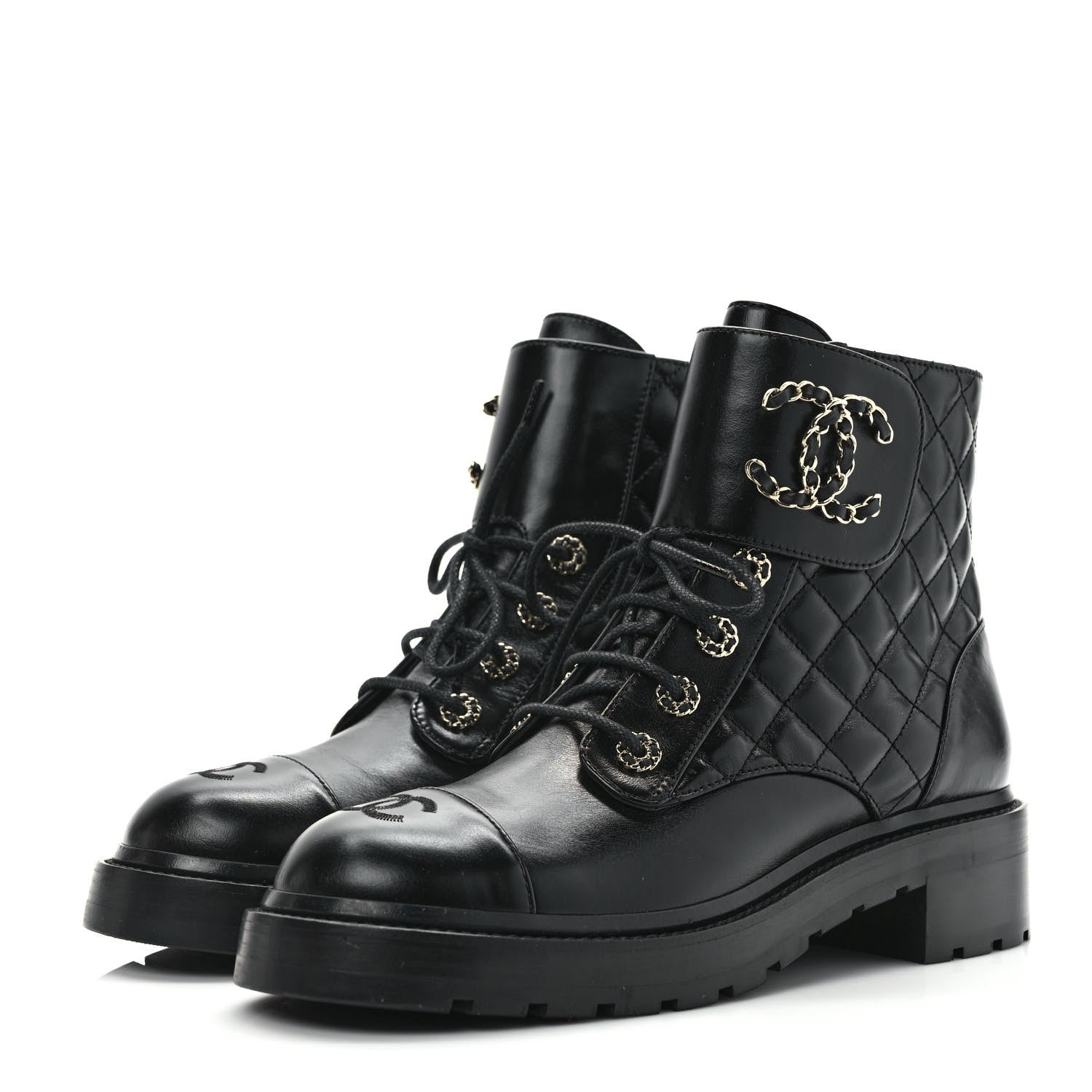 Chanel Shiny Calfskin Quilted Lace Up Combat Boots 40 Black 3 of 8