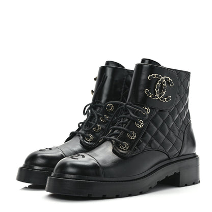 Chanel Shiny Calfskin Quilted Lace Up Combat Boots 40 Black 3 of 8