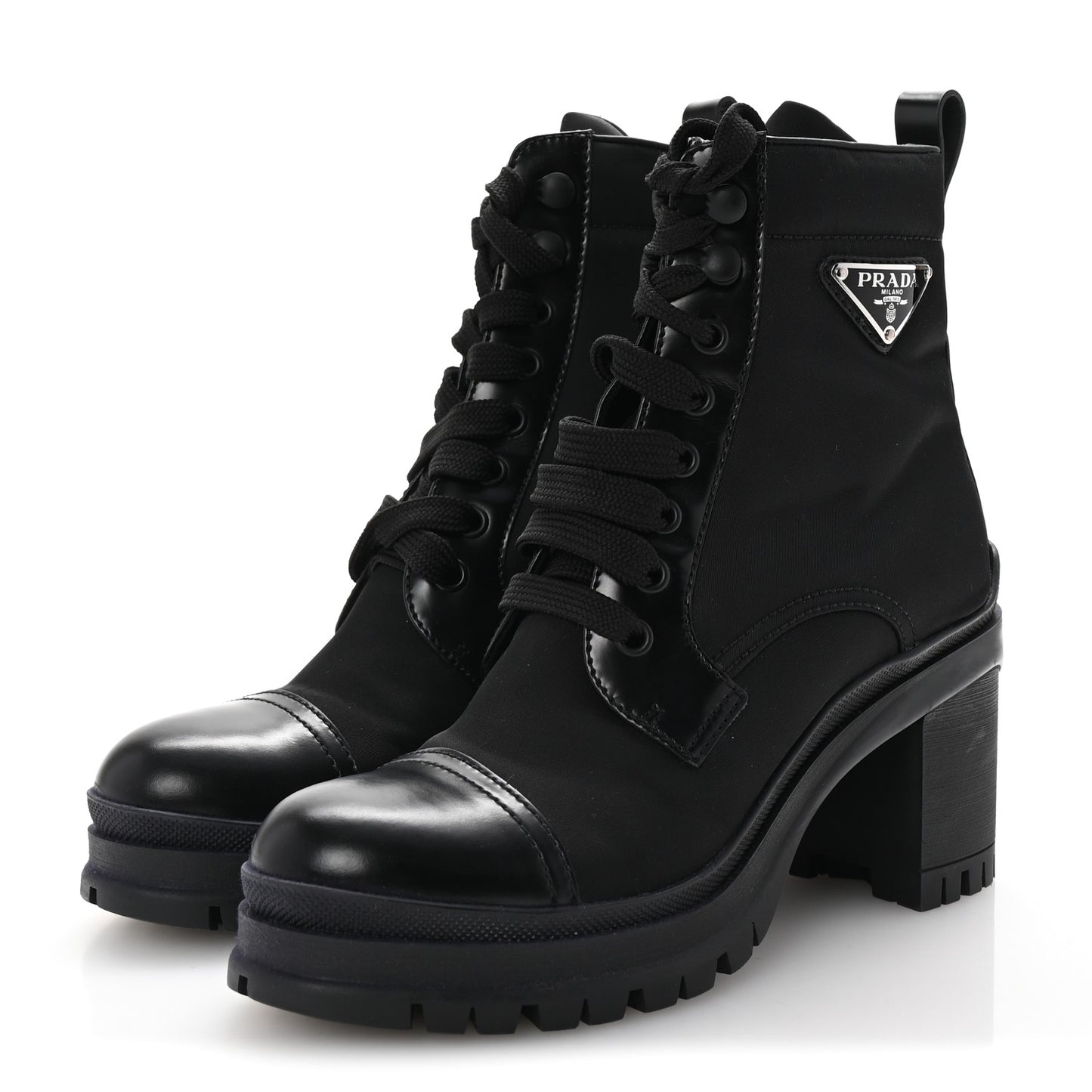 Spazzolato Re-Nylon Metal Triangle Logo Lace Up 55mm Ankle Boots 35.5 Black