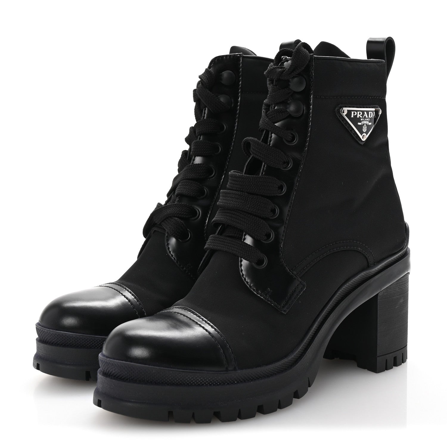 Prada Spazzolato Re-Nylon Metal Triangle Logo Lace Up 55mm Ankle Boots 35.5 Black 4 of 10