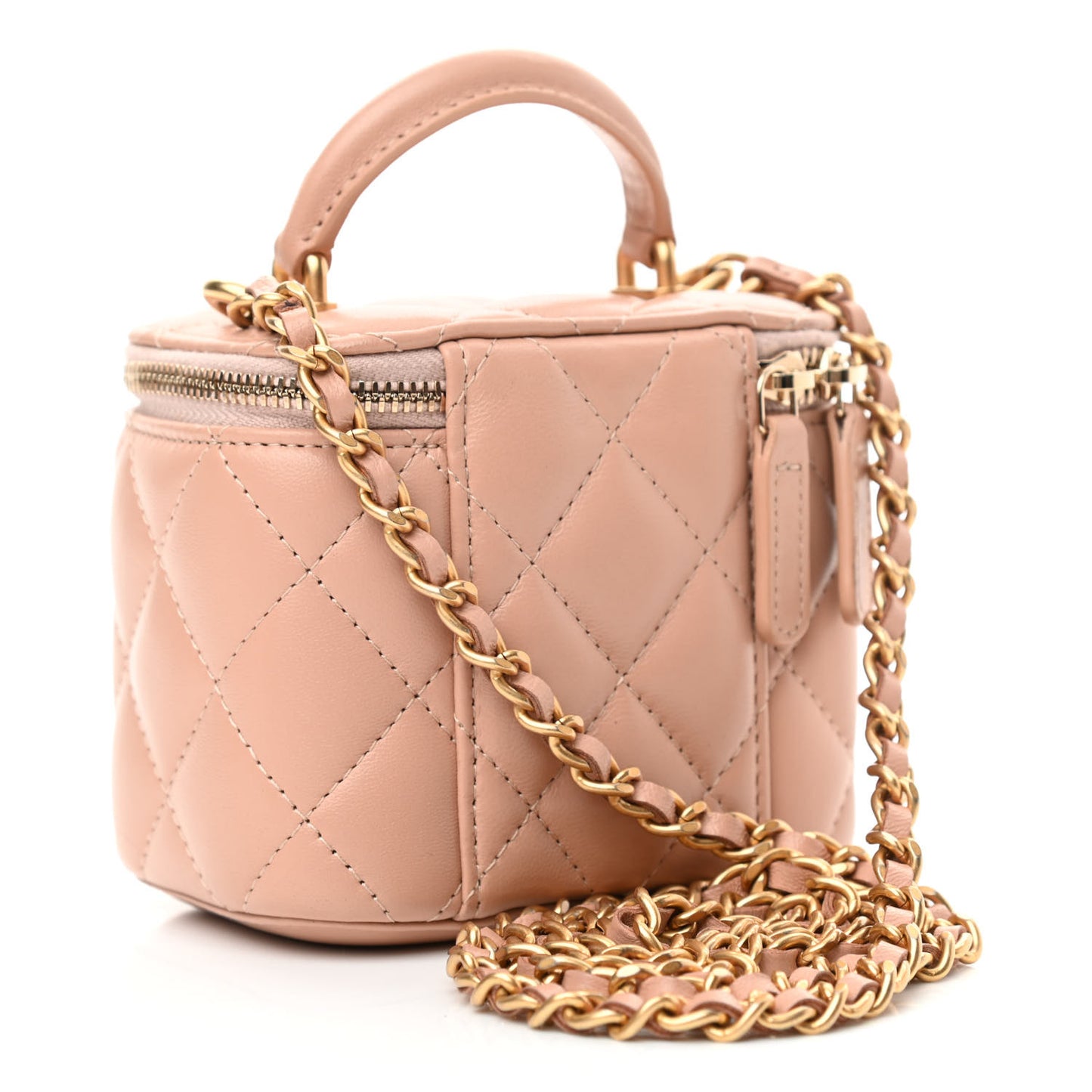 Lambskin Quilted Top Handle Mini Vanity Case With Chain Beige