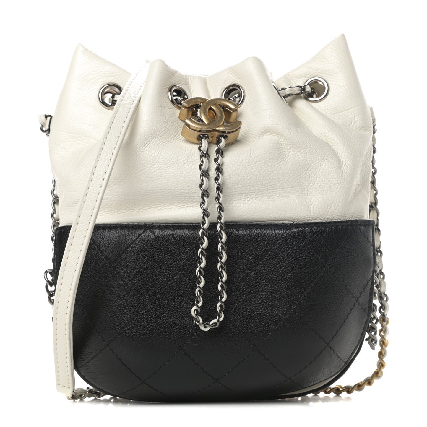 Aged Calfskin Quilted Small Gabrielle Bucket White Black