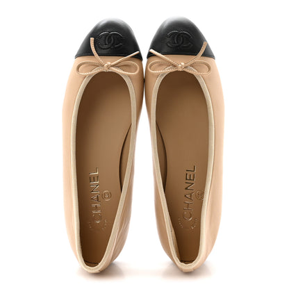 Chanel Lambskin Cap Toe CC Ballerina Flats 38.5 Beige Black 2 of 10