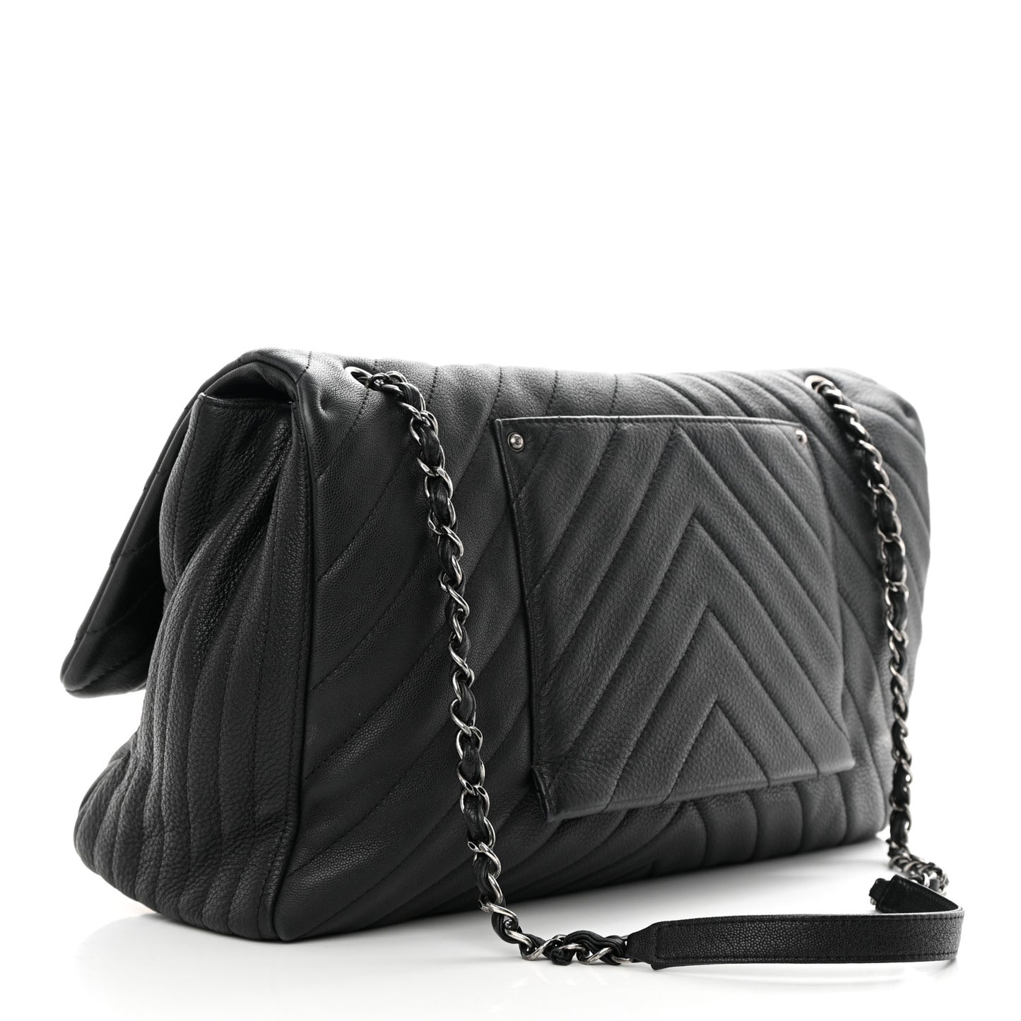 Calfskin Chevron Quilted XXL Travel Flap Bag Black