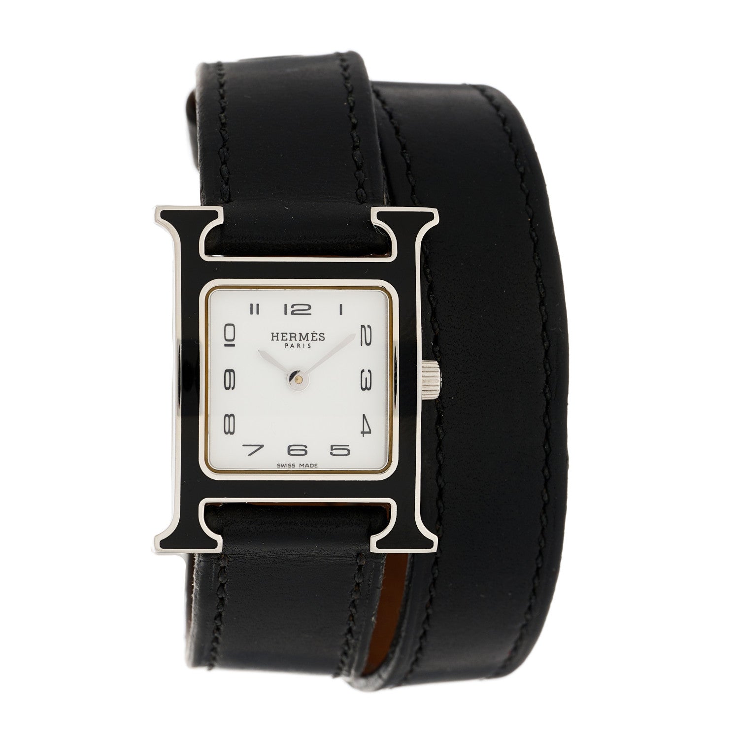 Hermes Stainless Steel Barenia Lacquer 21mm Heure H Hour Double Tour Quartz Watch Noir 1 of 4