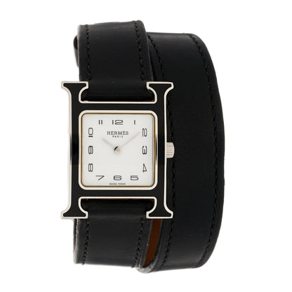 Hermes Stainless Steel Barenia Lacquer 21mm Heure H Hour Double Tour Quartz Watch Noir 1 of 4