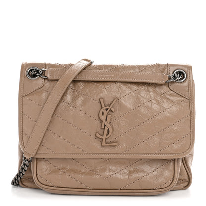 Saint Laurent Crinkled Calfskin Matelasse Monogram Medium Niki Chain Satchel Light Taupe 1 of 10