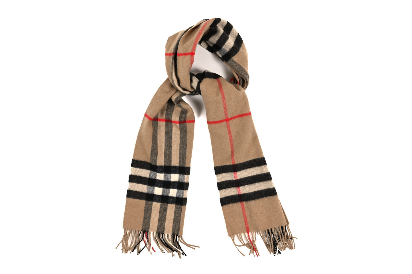 Cashmere Giant Heritage Check Fringe Scarf Camel