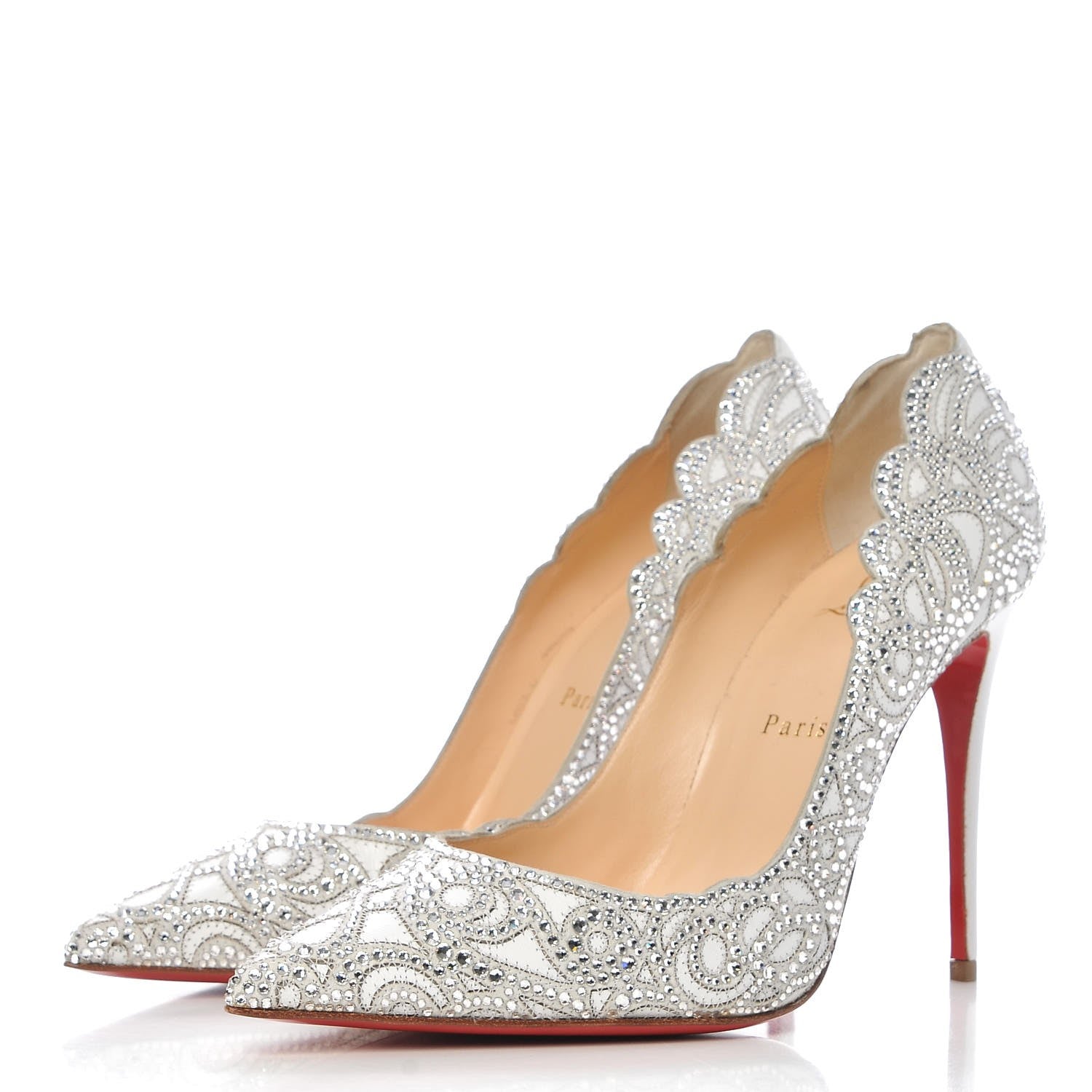 Christian Louboutin Calfskin Scalloped Lace Crystal Top Vague 100 Pumps 39 White 3 of 8