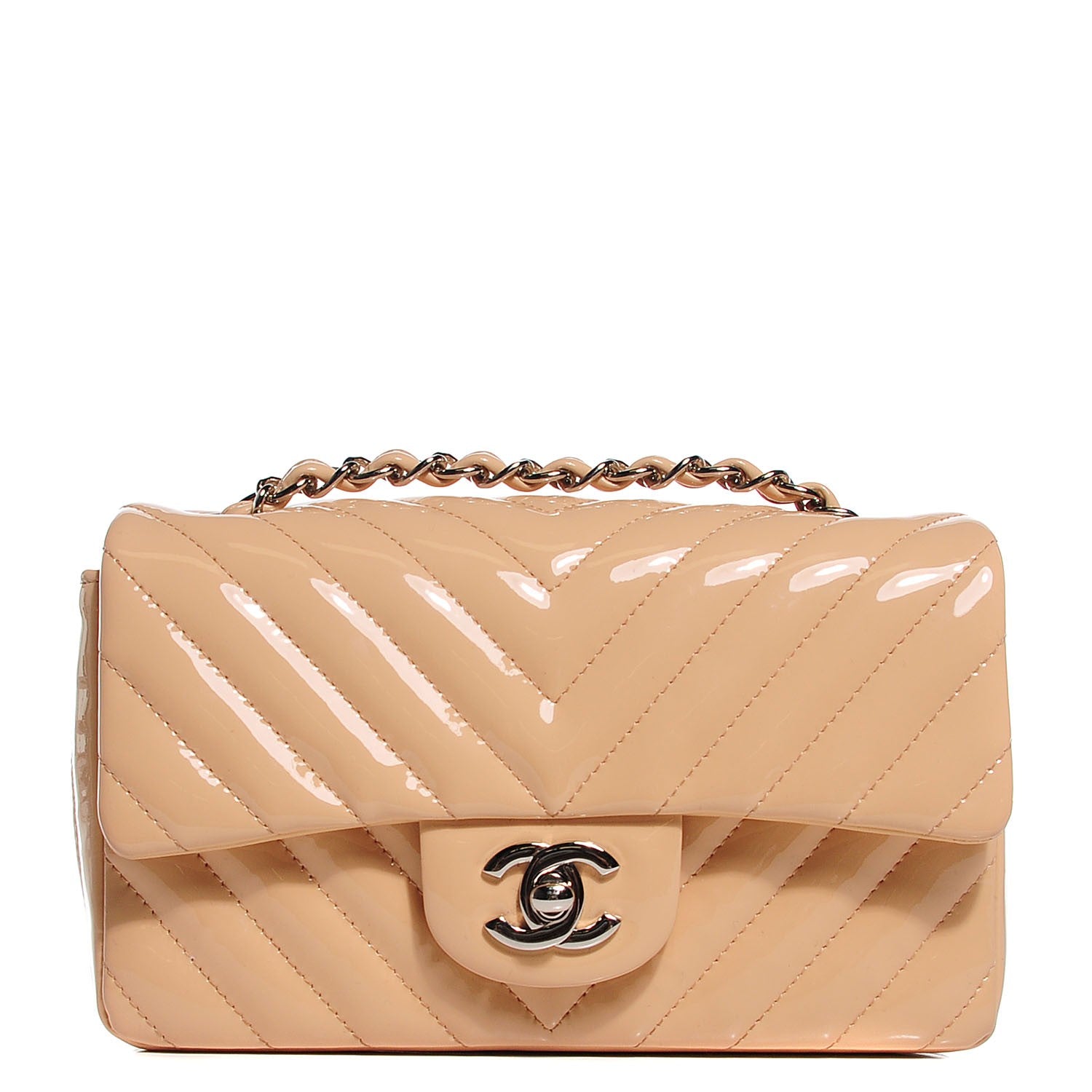 Chanel Patent Chevron Quilted Mini Rectangular Flap Beige 1 of 9