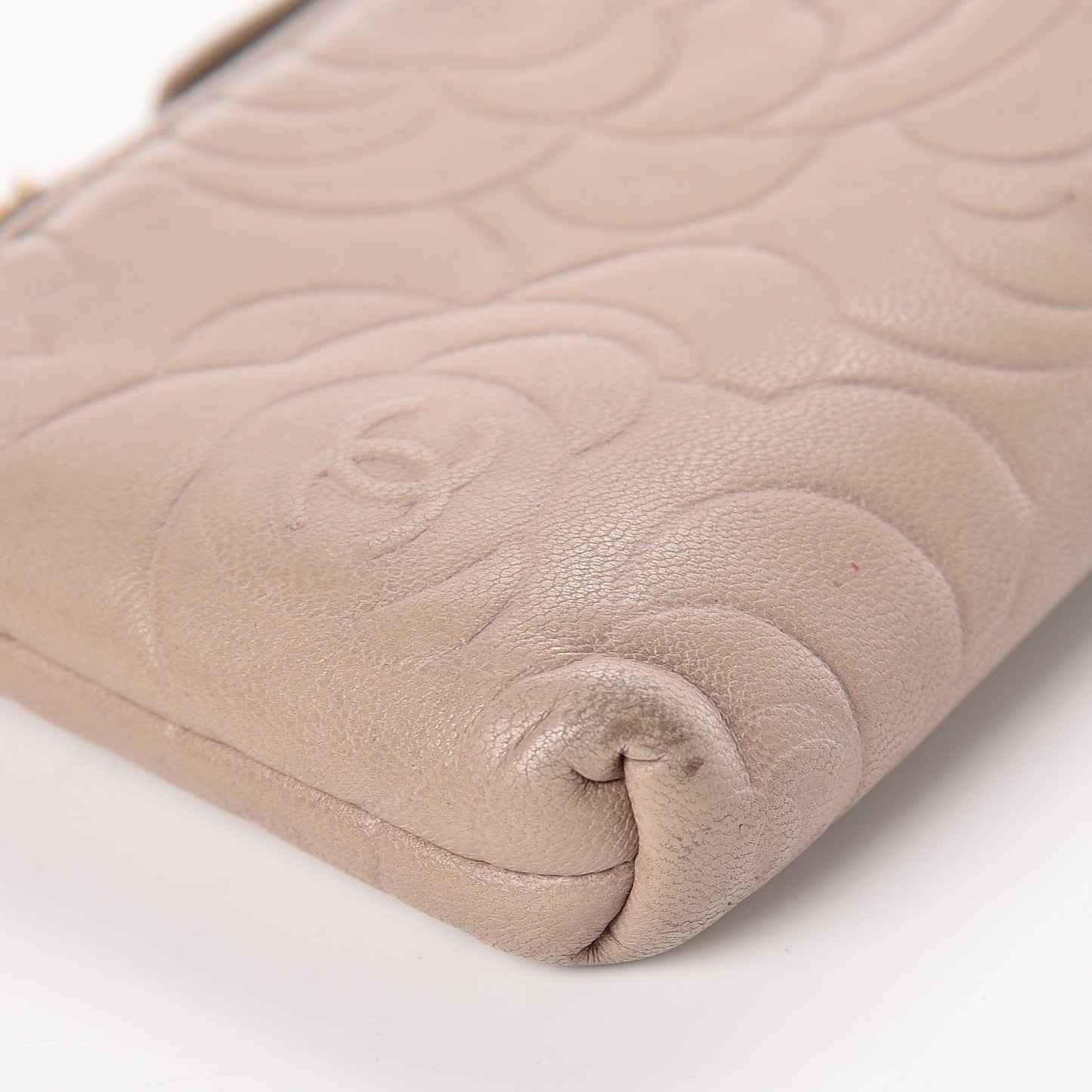 Lambskin Camellia Embossed Key Holder Case Beige