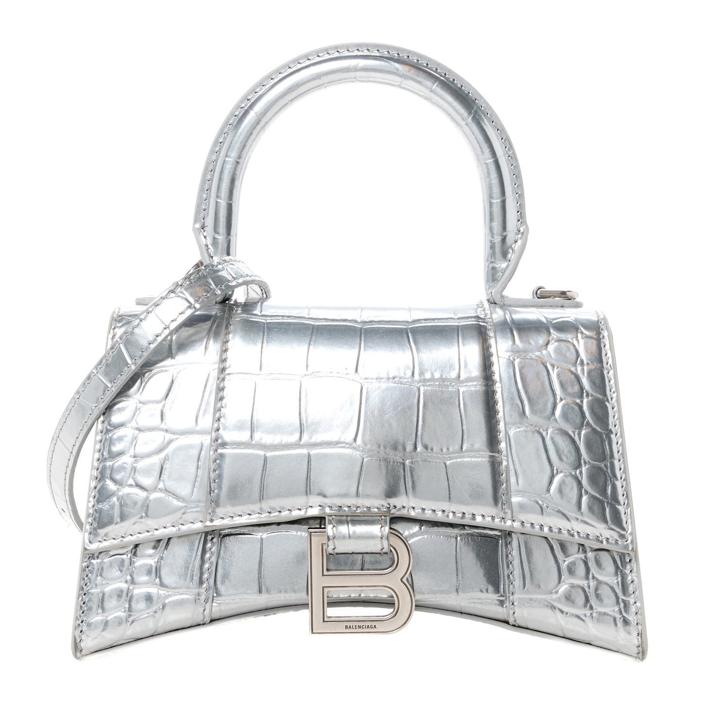 Metallic Calfskin Crocodile Embossed Hourglass Top Handle Bag XS Silver