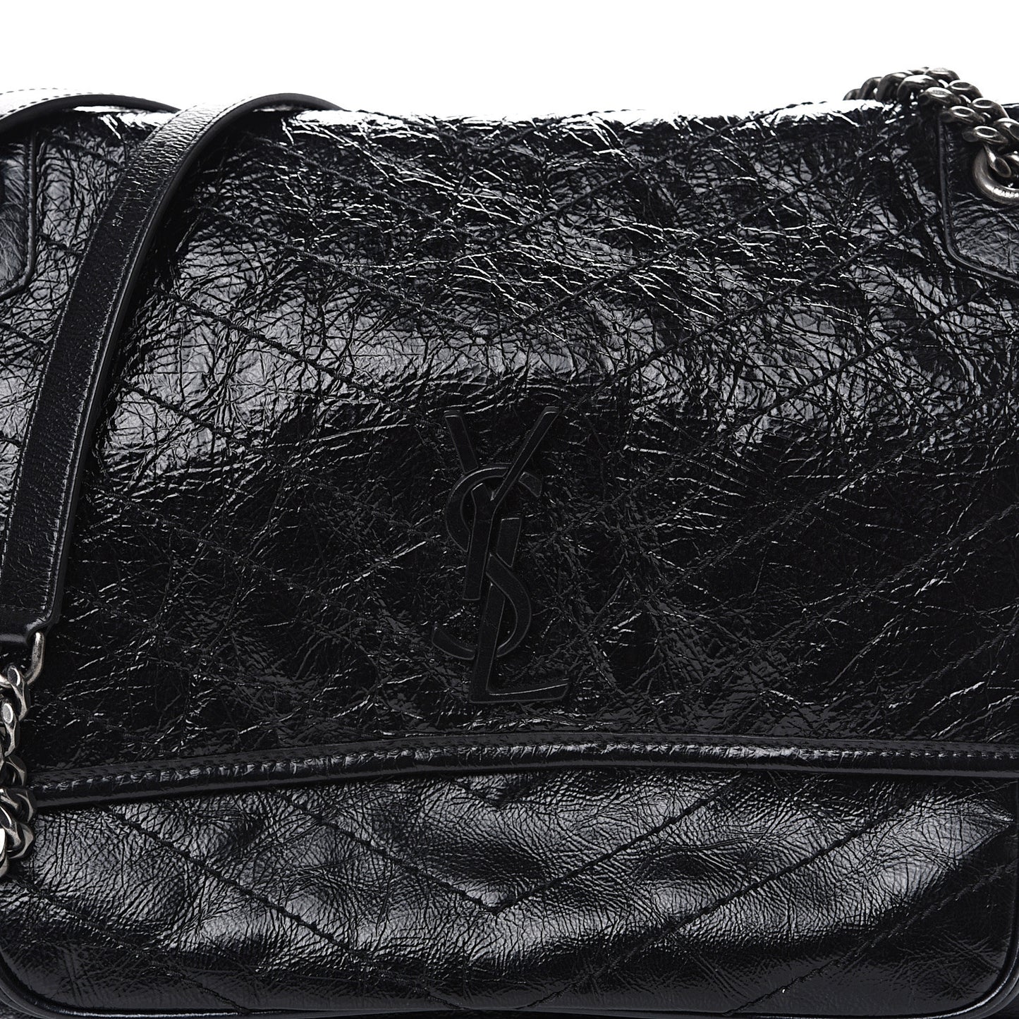 Crinkled Calfskin Matelasse Monogram Large Niki Chain Satchel Black