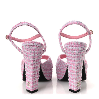 Chanel Tweed Crystal CC Platform Sandals 38.5 Light Pink 6 of 10