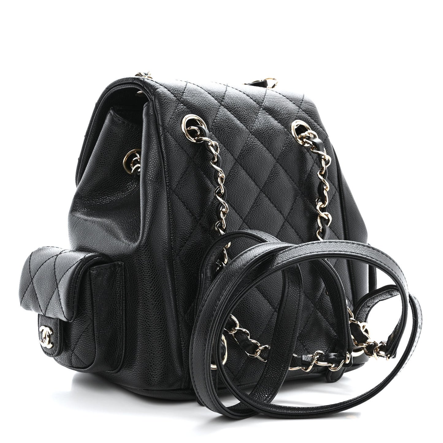 Shiny Caviar Quilted Small Pockets Drawstring Backpack Black