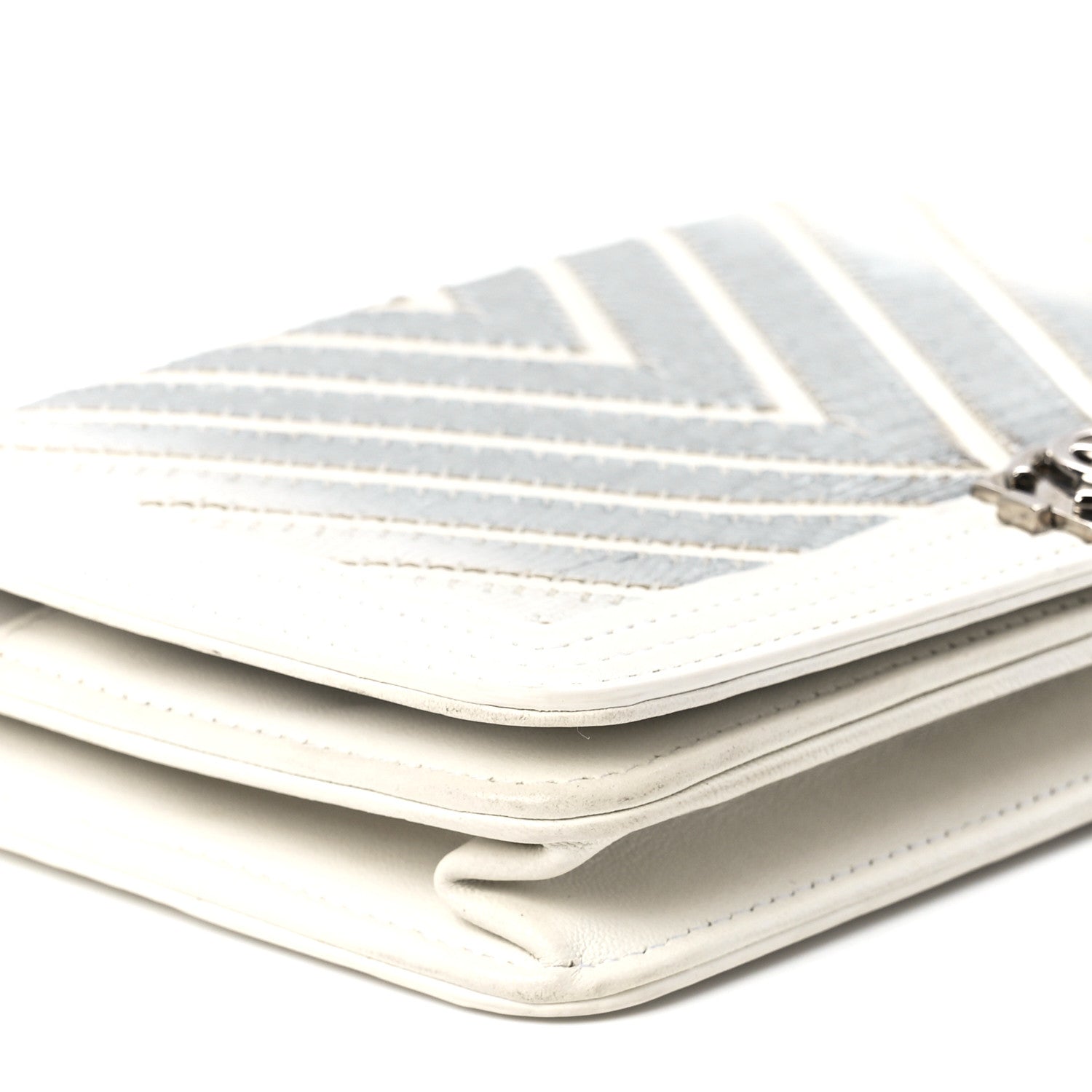 Chanel Lizard Chevron Stitched Boy Wallet On Chain WOC White Silver 11 of 12