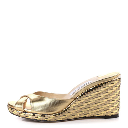 Jimmy Choo Metallic Nappa Woven Almer 80 Wedge Sandals 41 Gold 1 of 10