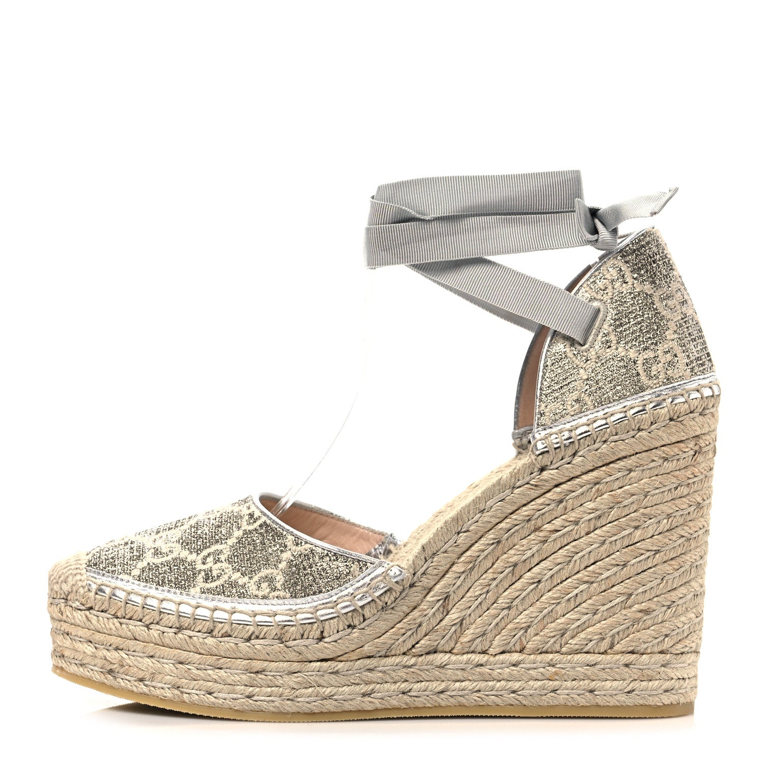 Gucci Lame GG Monogram Ankle Wrap Platform Espadrille Wedges 41 Silver Beige Light Grey 1 of 8