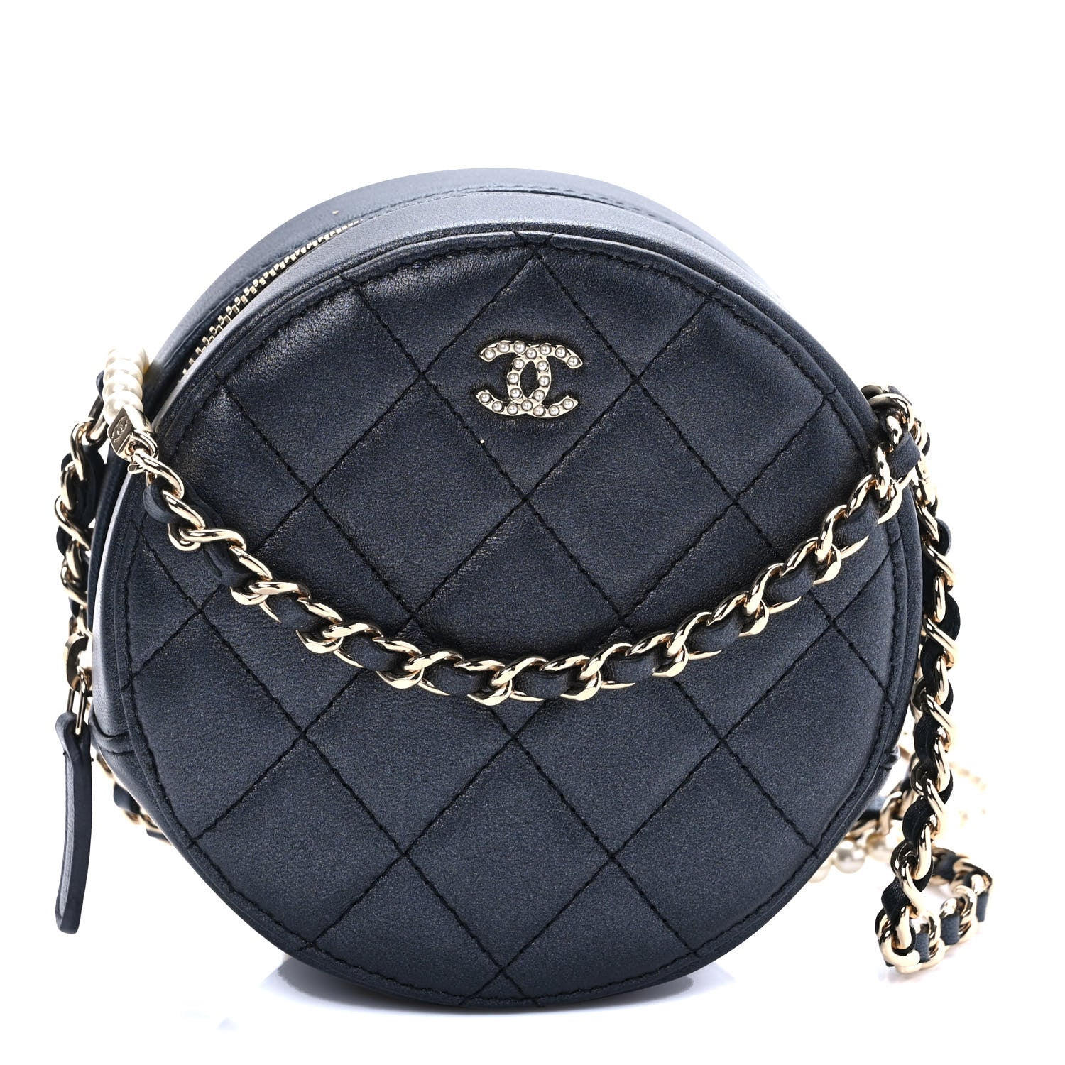 Chanel Iridescent Lambskin Quilted Pearl Round Clutch With Chain Black 1 of 9