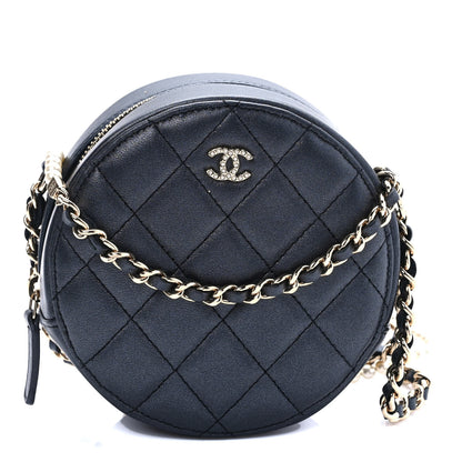 Chanel Iridescent Lambskin Quilted Pearl Round Clutch With Chain Black 1 of 9