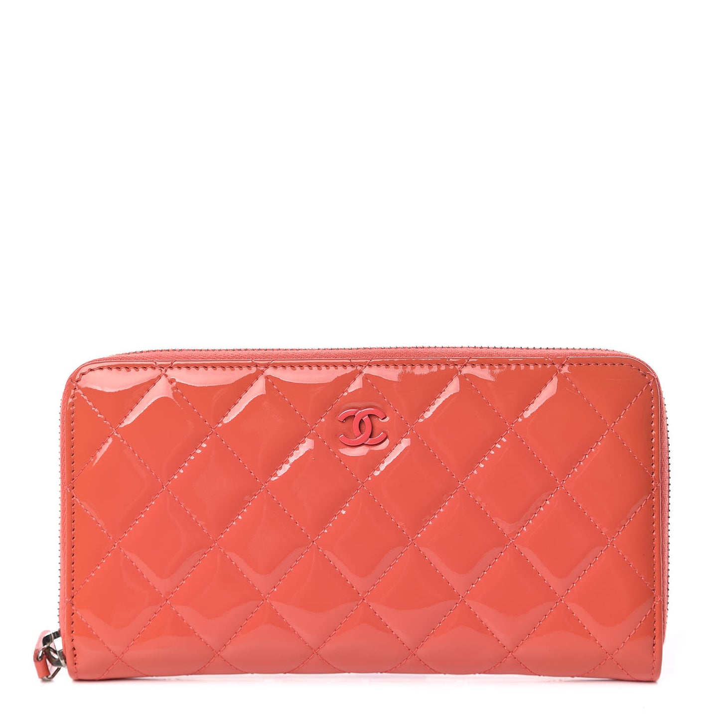 Patent Calfskin Quilted Large Gusset Zip Around Wallet Coral