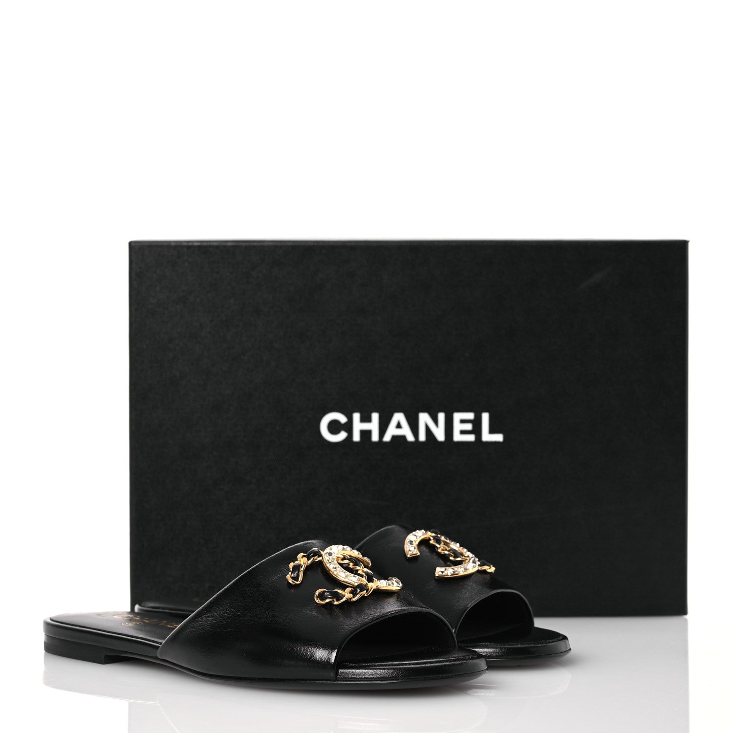 Chanel Shiny Calfskin Crystal CC Sandals 37 Black 10 of 10