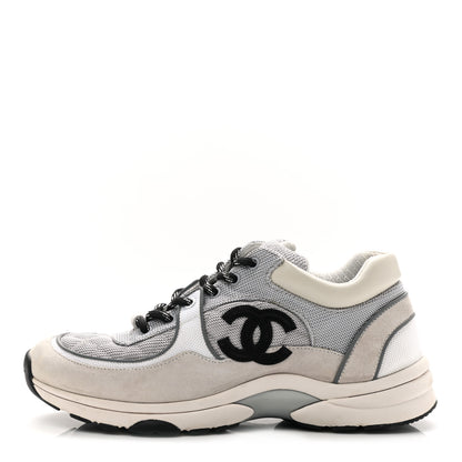 Chanel Nylon Calfskin Suede Womens CC Sneakers 39.5 Grey Beige 1 of 14