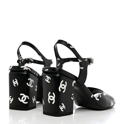 Chanel Printed Lambskin CC Sandals 37.5 Black White 4 of 9