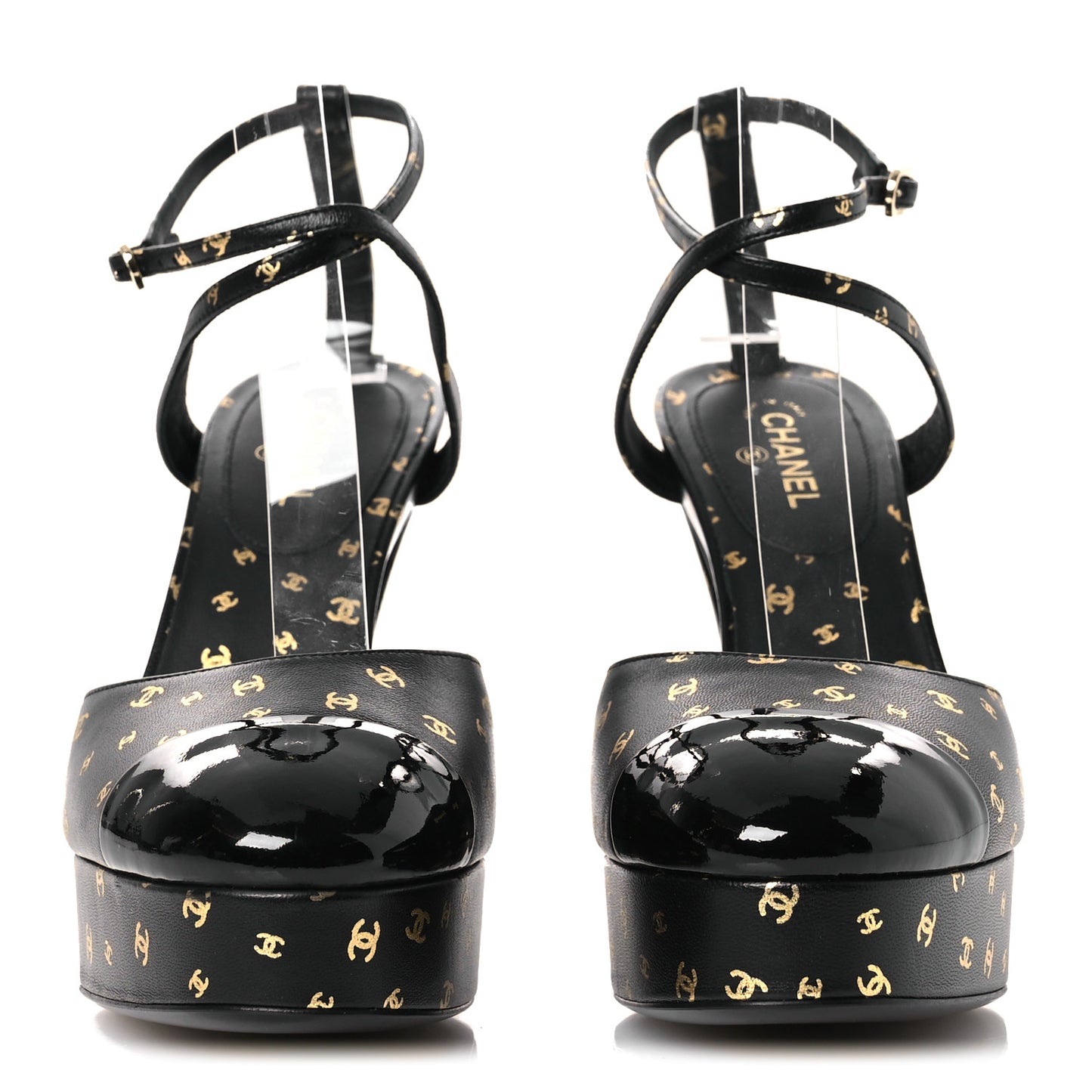 Printed Lambskin CC Platform Pumps 37.5 Black Gold