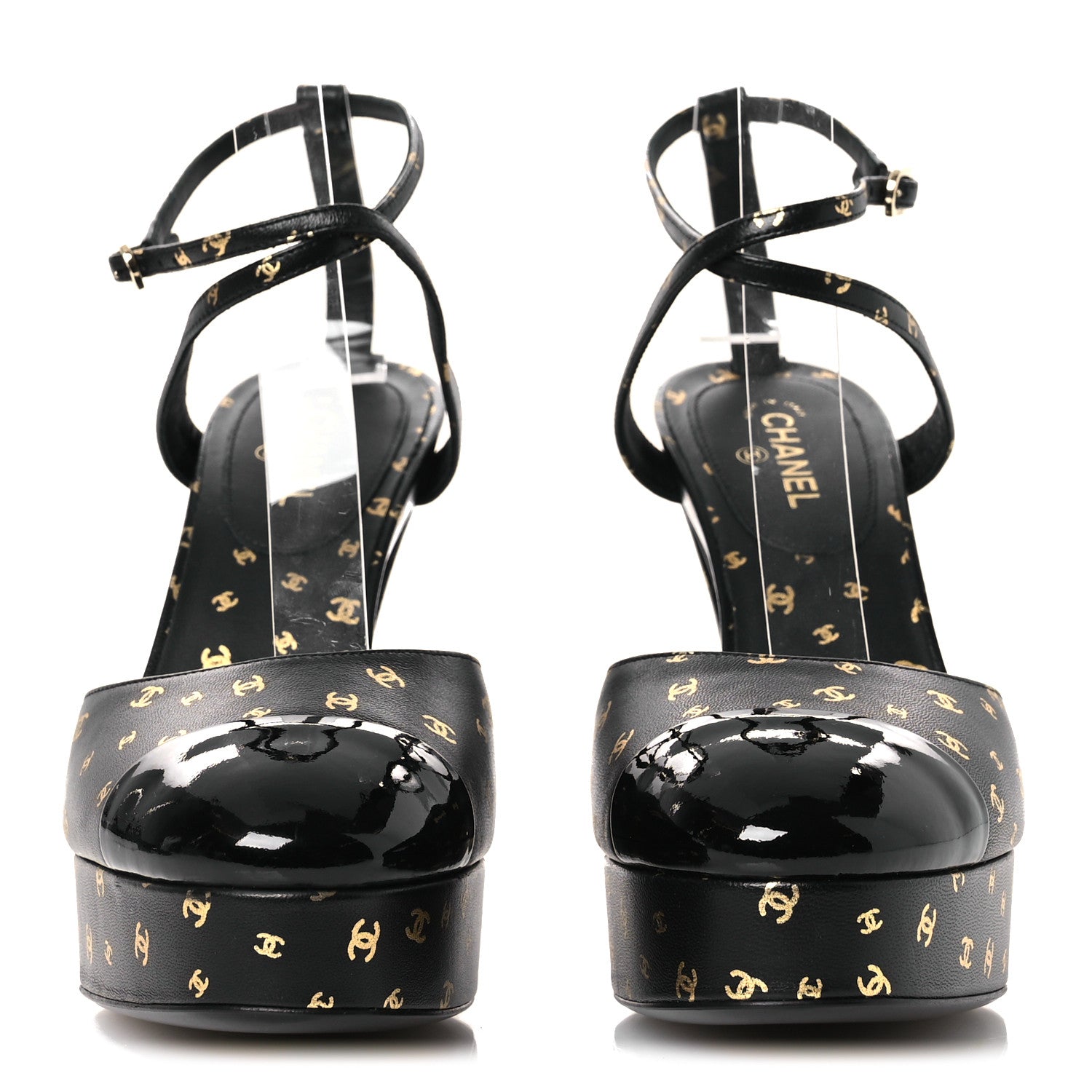 Chanel Printed Lambskin CC Platform Pumps 37.5 Black Gold 3 of 11