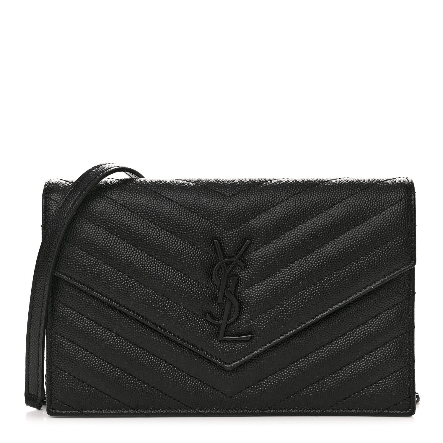 Saint Laurent Grain De Poudre Matelasse Chevron Monochrome Monogram Envelope Chain Wallet Black 1 of 13