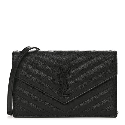 Saint Laurent Grain De Poudre Matelasse Chevron Monochrome Monogram Envelope Chain Wallet Black 1 of 13
