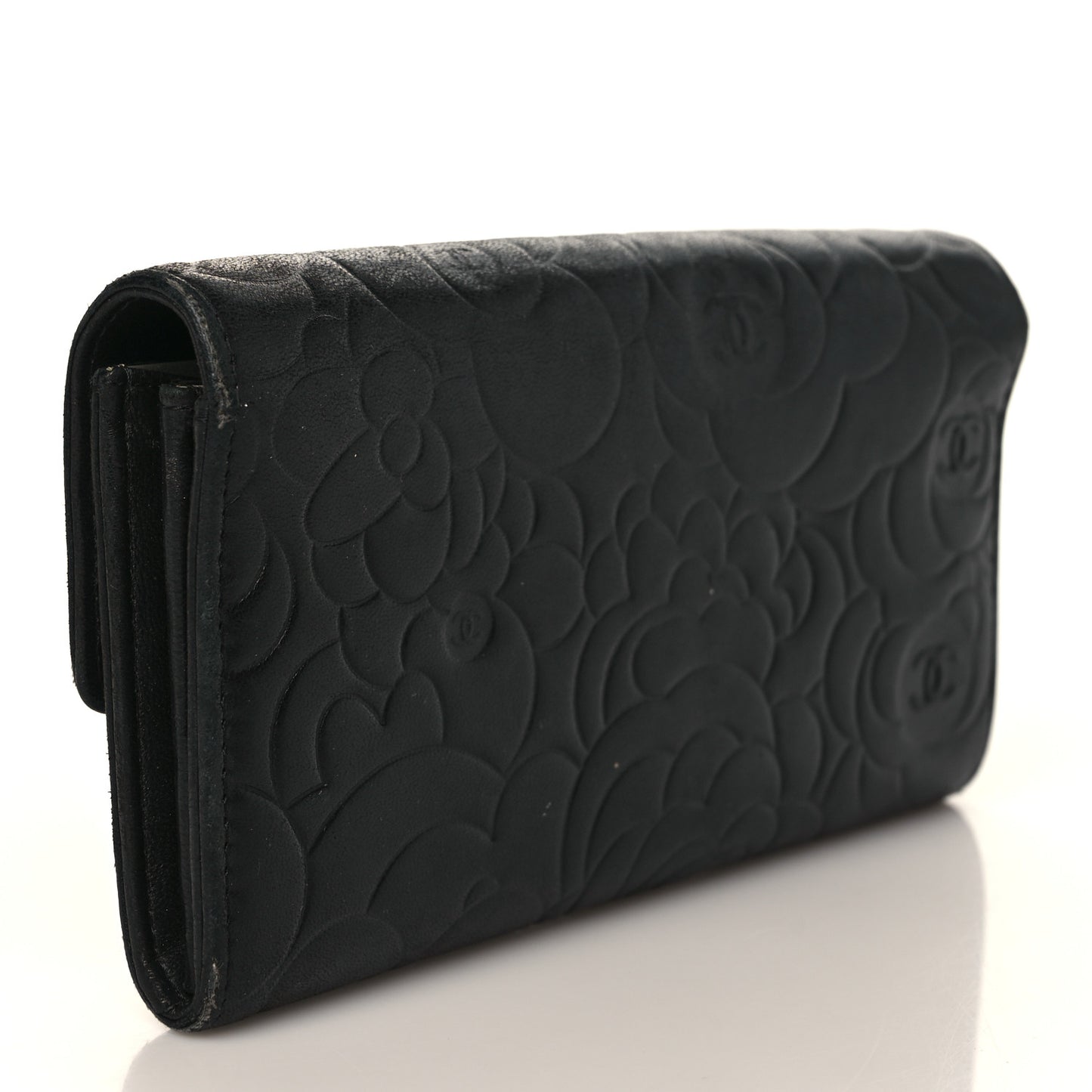 Lambskin Camellia Embossed Large Flap Wallet Black