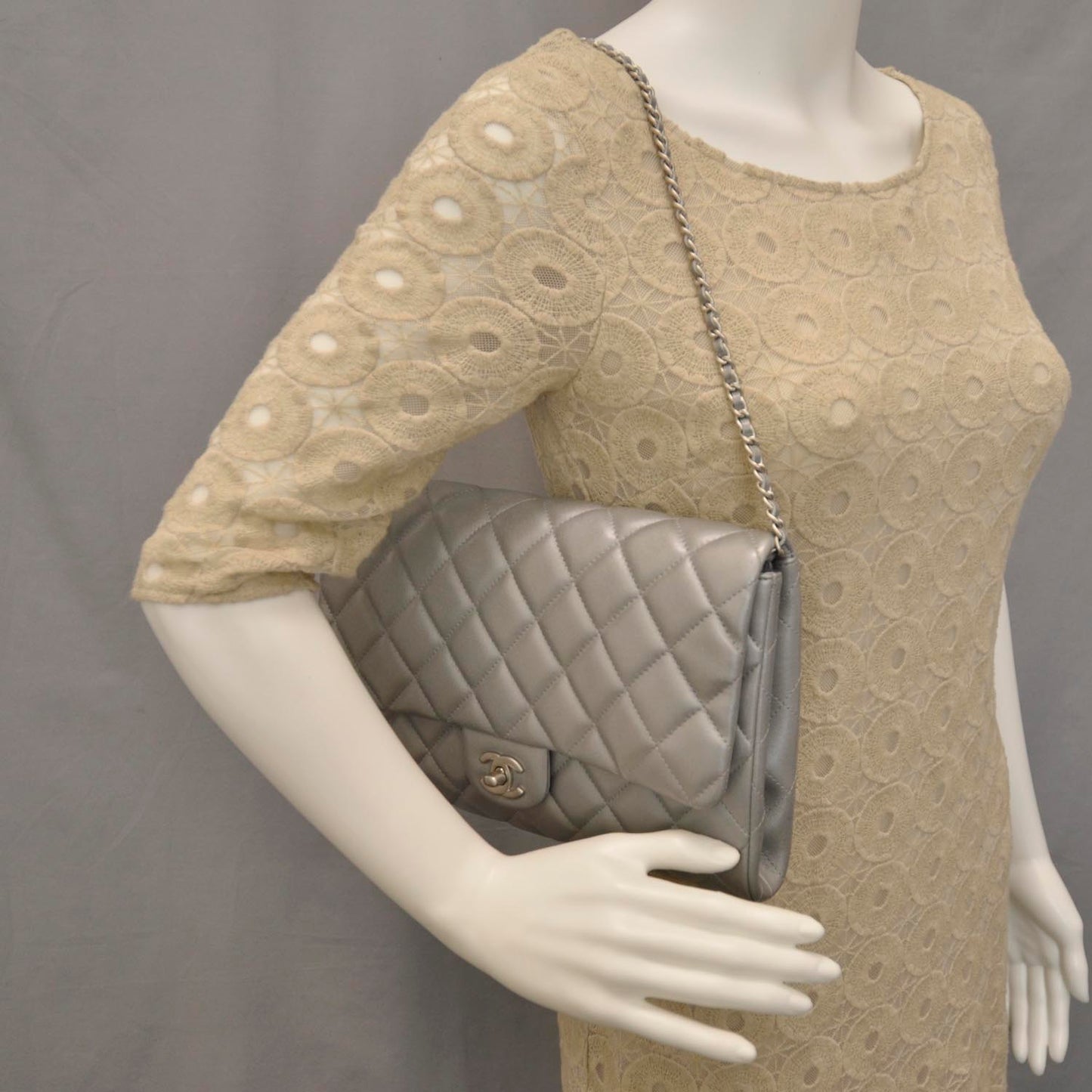Lambskin Quilted Clutch Bag Silver