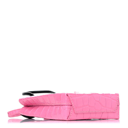 Balenciaga Shiny Calfskin Crocodile Embossed Logo Shopping Phone Holder Bag Rose Black 5 of 11