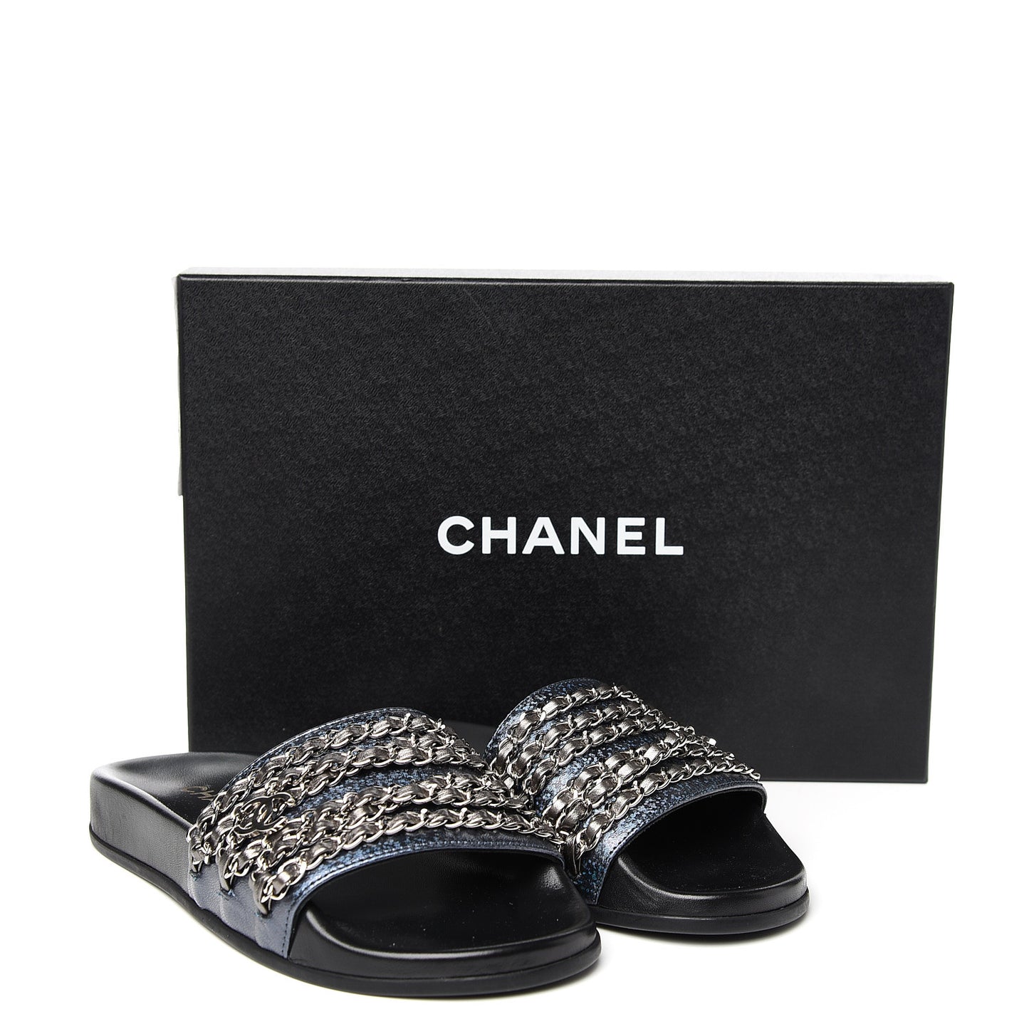 Metallic Lambskin Canvas Chain Flat Sandals 36 Dark Blue