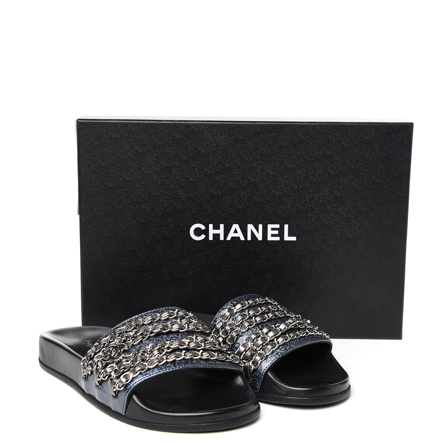Chanel Metallic Lambskin Canvas Chain Flat Sandals 36 Dark Blue 9 of 9