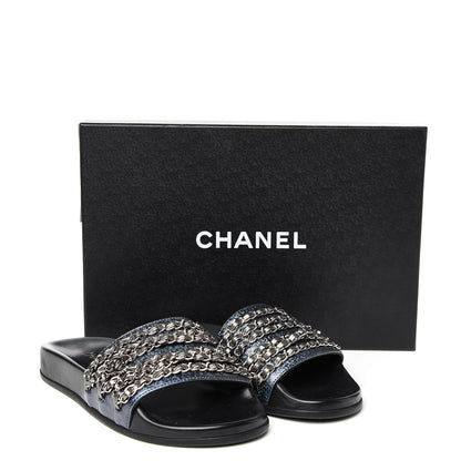 Chanel Metallic Lambskin Canvas Chain Flat Sandals 36 Dark Blue 9 of 9